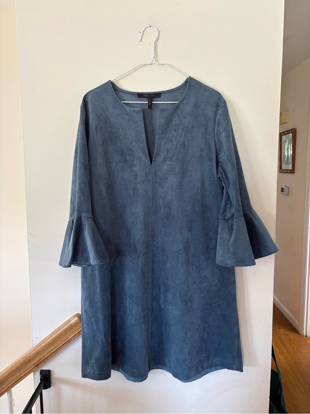 BCBGMaxAzria Slate Blue Suede-Effect Bell Sleeve Shift Dress